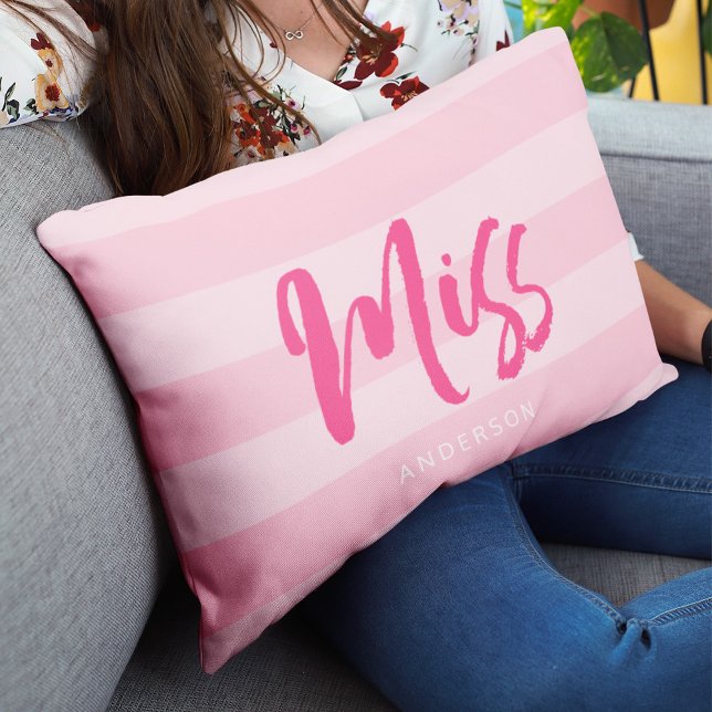 Personalise with Name Miss Preppy Pink Stripes Lumbar Cushion (Creator Uploaded)