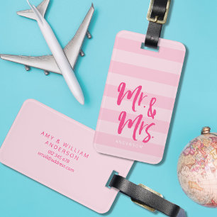 Personalise with Name Mr and Mrs Pink Stripes Luggage Tag
