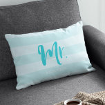 Personalise with Name Mr Preppy Blue Stripes Lumbar Cushion<br><div class="desc">Pillow featuring "Mr" in blue brush script against a preppy blue stripes pattern background. Great for newly weds or anniversaries. Personalise it by replacing the placeholder text. For more options such as to change the font and it's size click the "Customise it" button. *Please note that the Zazzle Watermark that...</div>