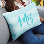 Personalise with Name Mrs Preppy Blue Stripes Lumbar Cushion<br><div class="desc">Pillow featuring "Mrs" in blue brush script against a preppy blue stripes pattern background. Great for newly weds or anniversaries. Personalise it by replacing the placeholder text. For more options such as to change the font and it's size click the "Customise it" button. *Please note that the Zazzle Watermark that...</div>