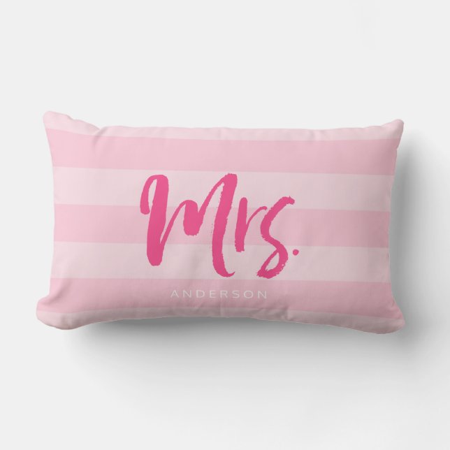 Personalise with Name Mrs Preppy Pink Stripes Lumbar Cushion (Front)