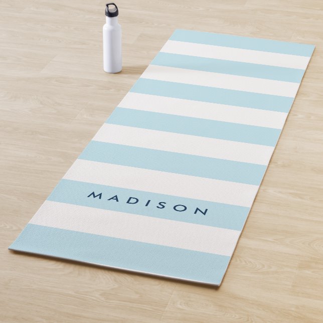 Personalise with Name Preppy Blue & White Stripes Yoga Mat (In Situ)