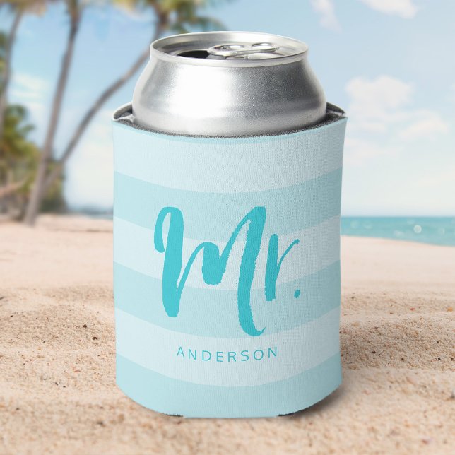 Personalise with Name Preppy Mr Blue Stripes Can Cooler (Creator Uploaded)