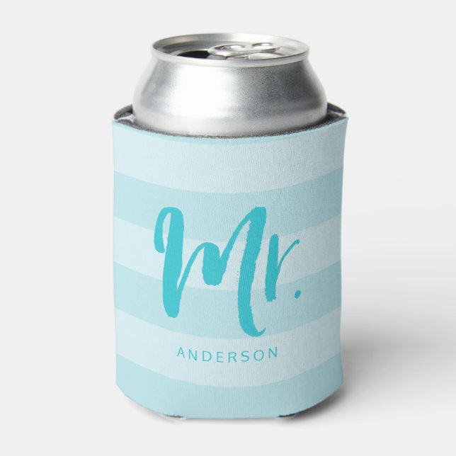 Personalise with Name Preppy Mr Blue Stripes Can Cooler (Can Front)