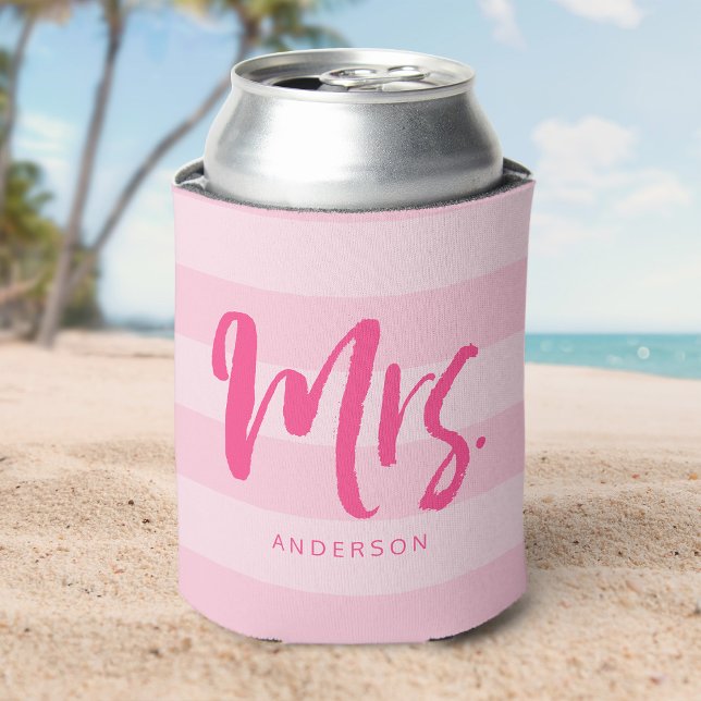 Personalise with Name Preppy Mrs Pink Stripes Can Cooler (Creator Uploaded)