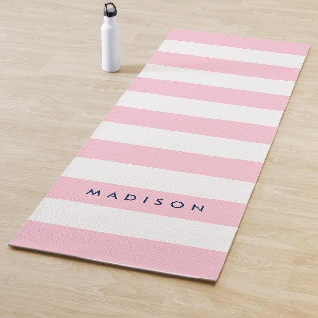 Personalise with Name Preppy Pink & White Stripes Yoga Mat (In Situ)