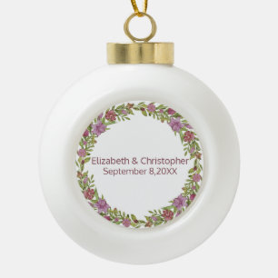 Personalise with Names and Wedding Date Floral  Ceramic Ball Christmas Ornament