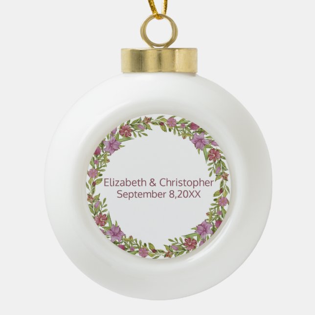 Personalise with Names and Wedding Date Floral  Ceramic Ball Christmas Ornament (Front)