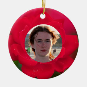 (Personalise) With Photos Red Rose in Bloom Dew Ceramic Tree Decoration