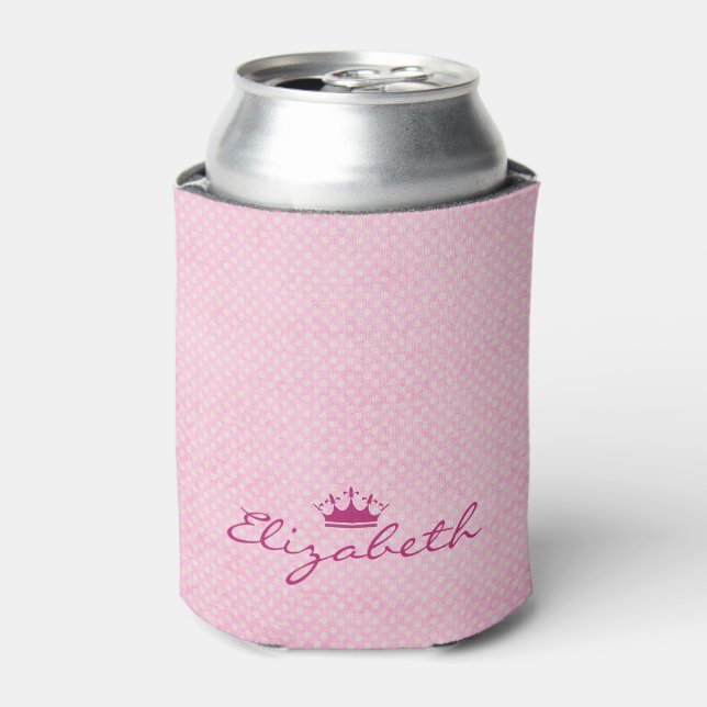 Personalise with Purple Tiara on Pink Polka Dots Can Cooler (Can Front)