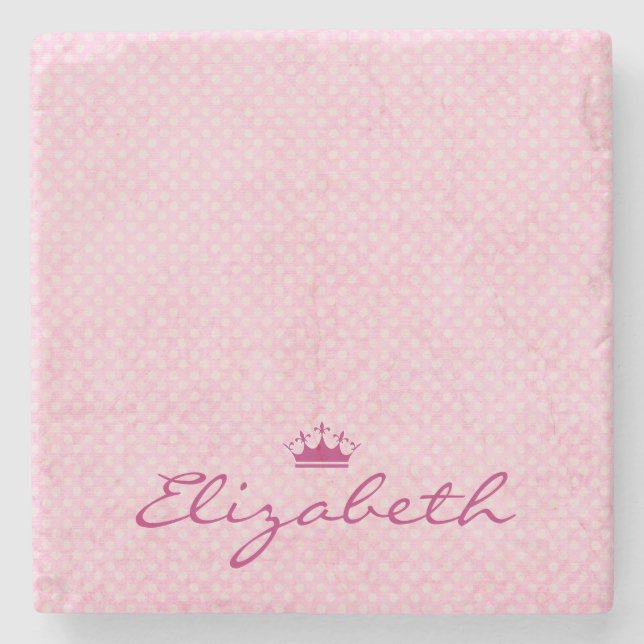 Personalise with Purple Tiara on Pink Polka Dots Stone Coaster (Front)