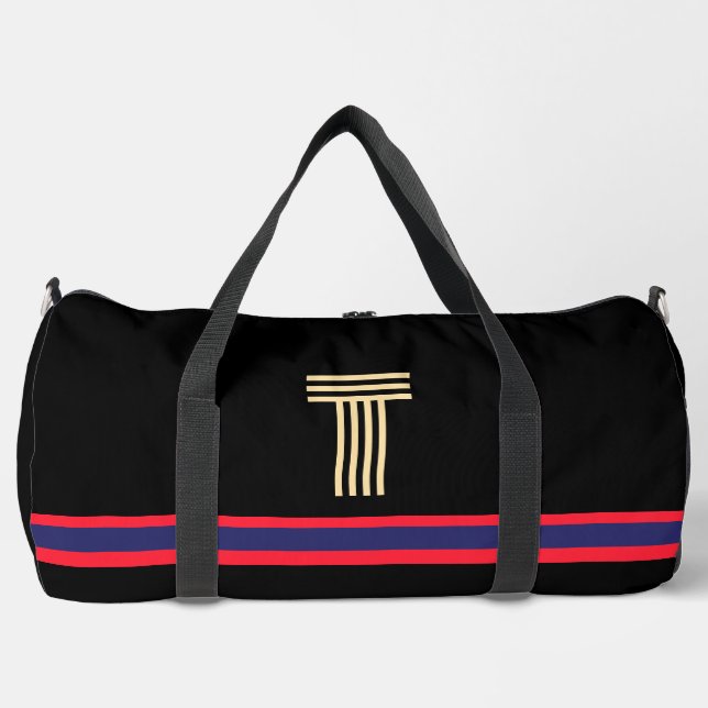 Personalise With Your Initial Red Stripe Black  Duffle Bag (Front)