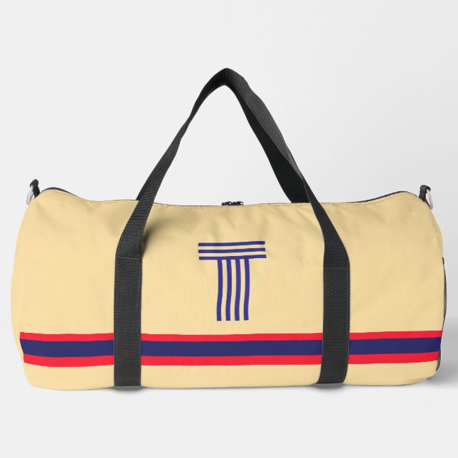 Personalise With Your Initial Red Stripe Creme  Duffle Bag (Front)