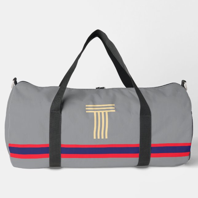 Personalise With Your Initial Red Stripe Grey   Duffle Bag (Front)