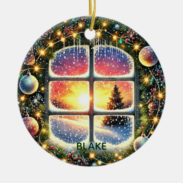 Personalise Wreath Winter Wonderland Kids Keepsake Ceramic Tree Decoration (Front)