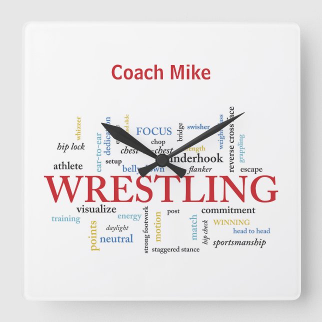 Personalise, Wrestling Coach Thank You in Words Square Wall Clock (Front)