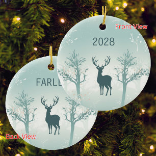 Personalise Year & Name - Deer and Tree Pattern Ceramic Tree Decoration