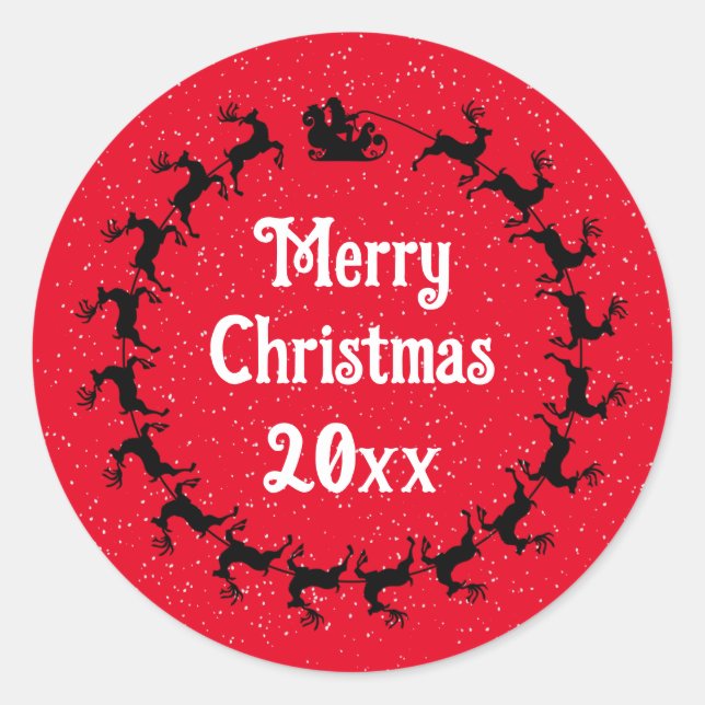 Personalise YEAR Santa's Sleigh Delivery Red Classic Round Sticker (Front)