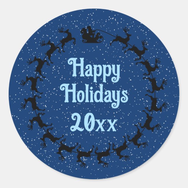 Personalise YEAR Santa's Sleigh Holiday Blue Classic Round Sticker (Front)