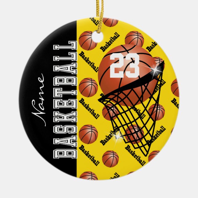 Personalise Yellow Basketball Ceramic Tree Decoration (Front)
