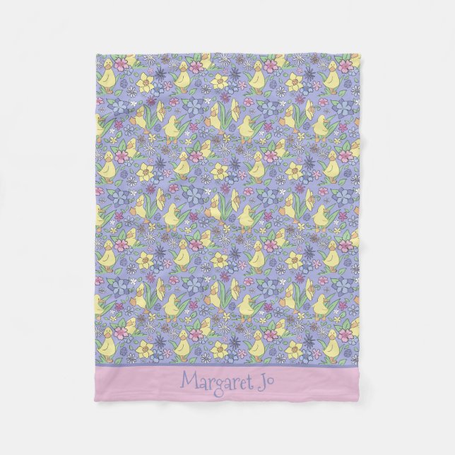 Personalise Yellow Duckling Wildflowers Cute Kids Fleece Blanket (Front)