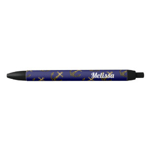 Personalise Yellow Gold sparkles Anchor Navy Blue Black Ink Pen