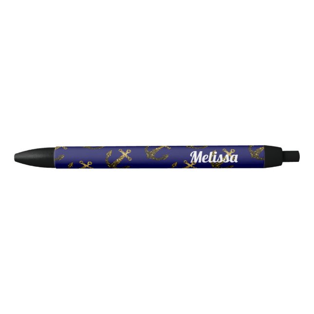 Personalise Yellow Gold sparkles Anchor Navy Blue Black Ink Pen (Front)