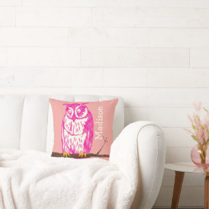 Personalise Yellow Peachy Pink Baby Girl Cute Owl Cushion