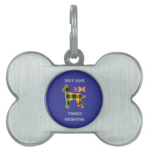 Personalise Yellow Plaid Deep Blue DOG Bone Pet ID Tag