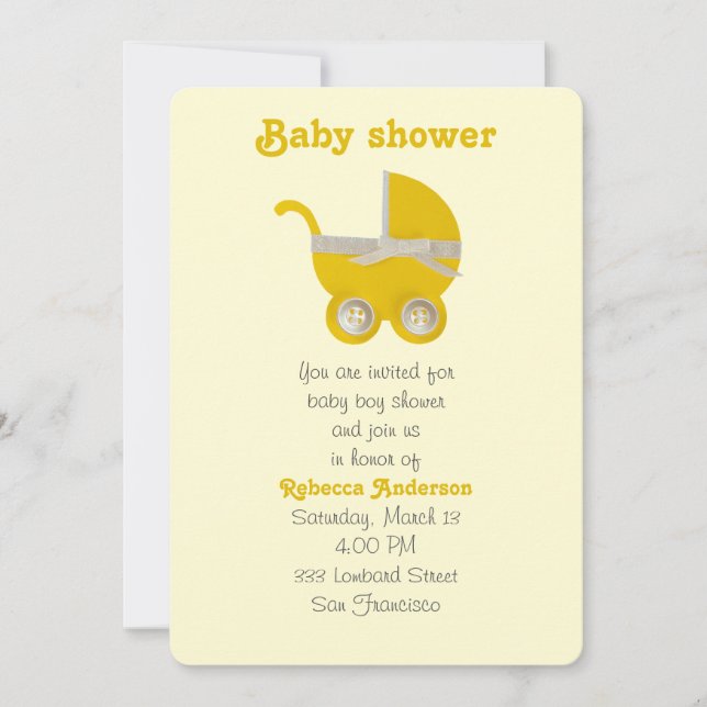 Personalise, yellow stroller and white bow invitation (Front)