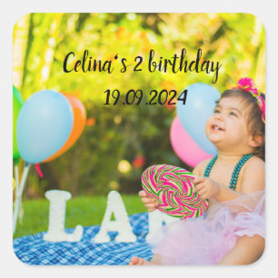 Personalise your babies birthday photo square sticker