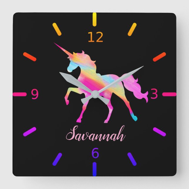 Personalise Your Own Colourful Unicorn Square Wall Clock (Front)