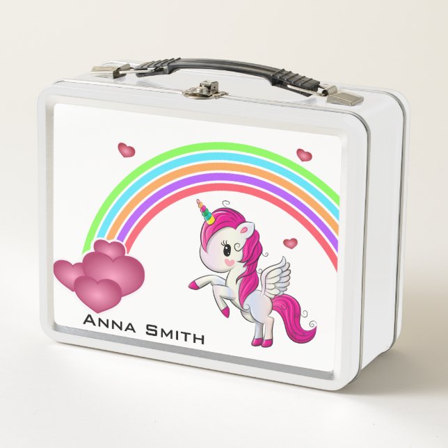 Personalise Your Own Cute Baby Unicorn & Rainbow Metal Lunch Box (Front)