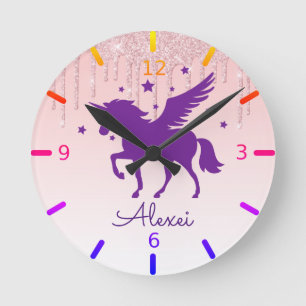 Personalise Your Own Magical Purple Unicorn Round Clock