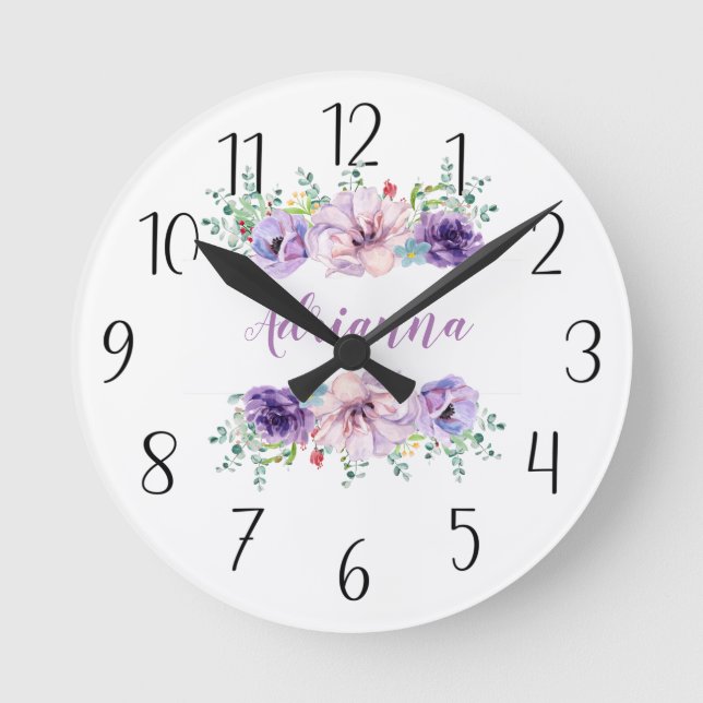 Personalise Your Own Purple Floral Round Clock (Front)