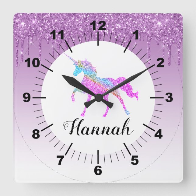 Personalise Your Own Purple Glitter Paper Unicorn Square Wall Clock (Front)