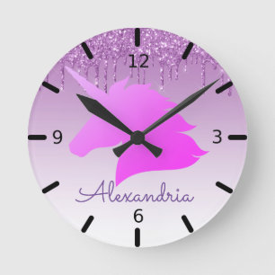 Personalise Your Own Purple Glitter Unicorn Round Clock