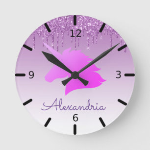 Personalise Your Own Purple Glitter Unicorn Round Clock