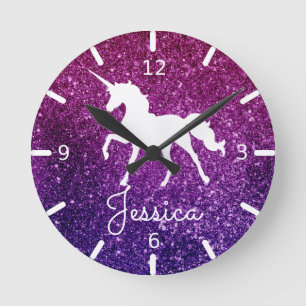 Personalise Your Own Purple Speckled Unicorn Round Clock