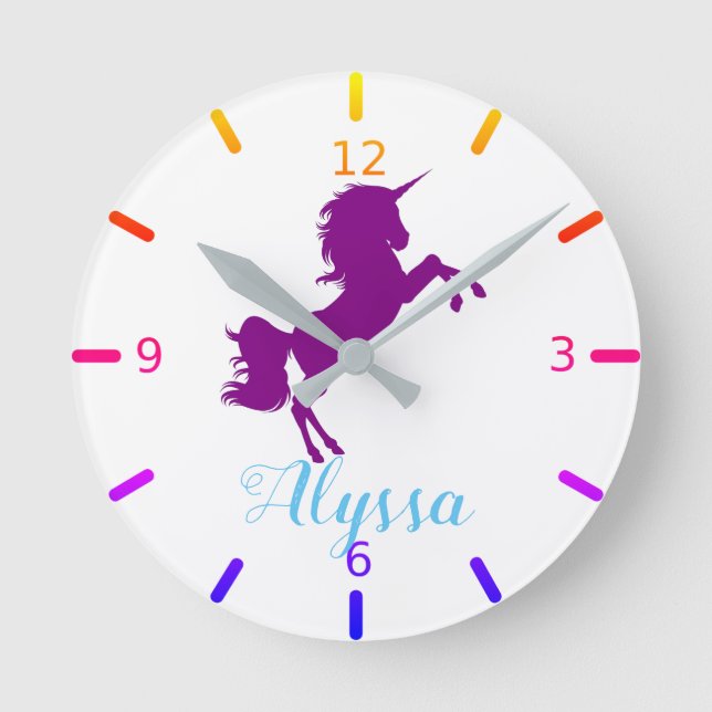 Personalise Your Own Purple Unicorn Round Clock (Front)