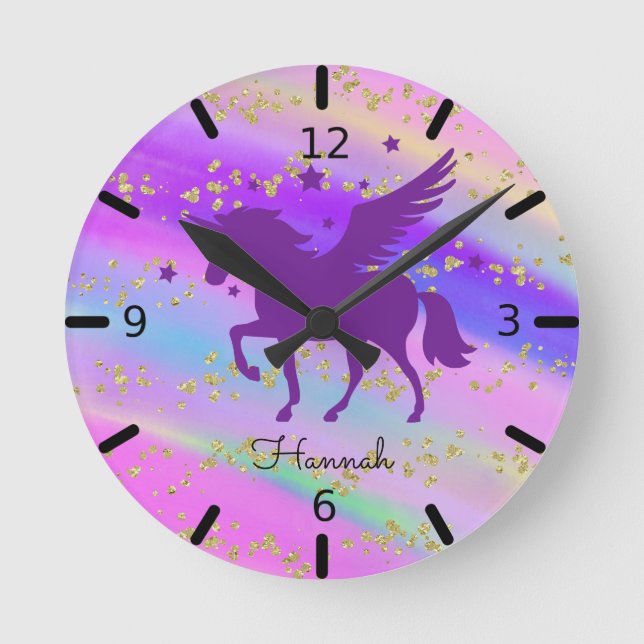 Personalise Your Own  Purple Unicorn Round Clock (Front)
