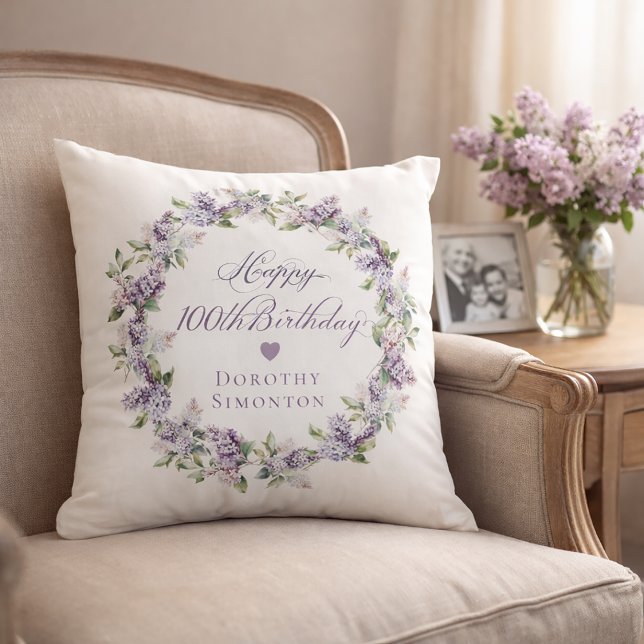 Personalised 100th Birthday Gift Purple Lilac Cushion (Creator Uploaded)