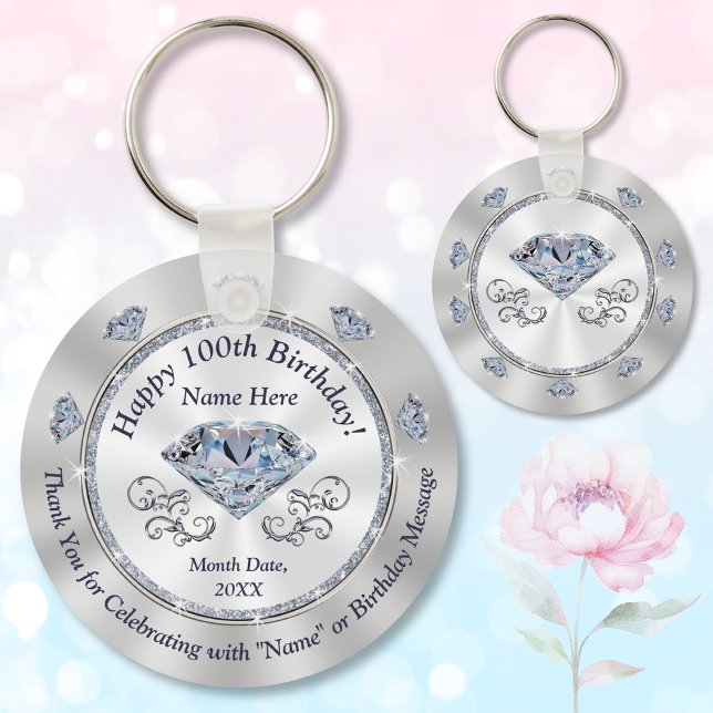 Personalised, 100th Birthday Party Favours Key Ring (100th birthday party favors. Birthday party ideas for 100 year old woman. 100th birthday souvenirs.)