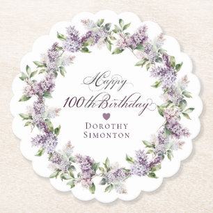 Personalised 100th Birthday Purple Lilac Flower Paper Coaster