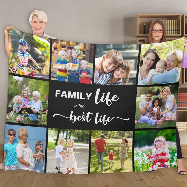 Personalised 10 Photo Collage Family Life Black Fleece Blanket (Creator Uploaded)