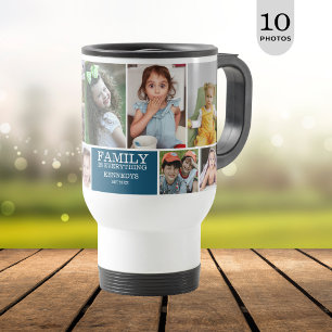 Personalised 10 Photo Collage Family Quote Blue Travel Mug