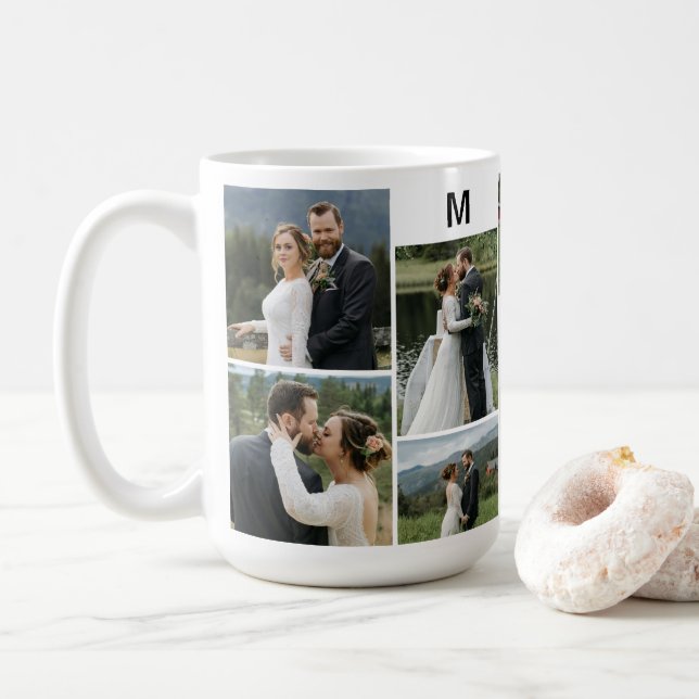 Personalised 10 Photo with Couple Name & Monogram Coffee Mug (With Donut)