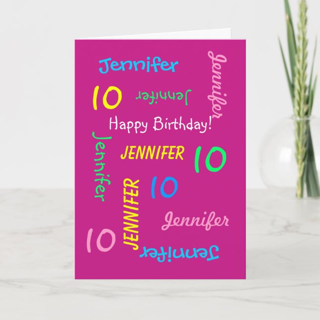 Personalised 10th Birthday Card Any Name, Pink (Front)