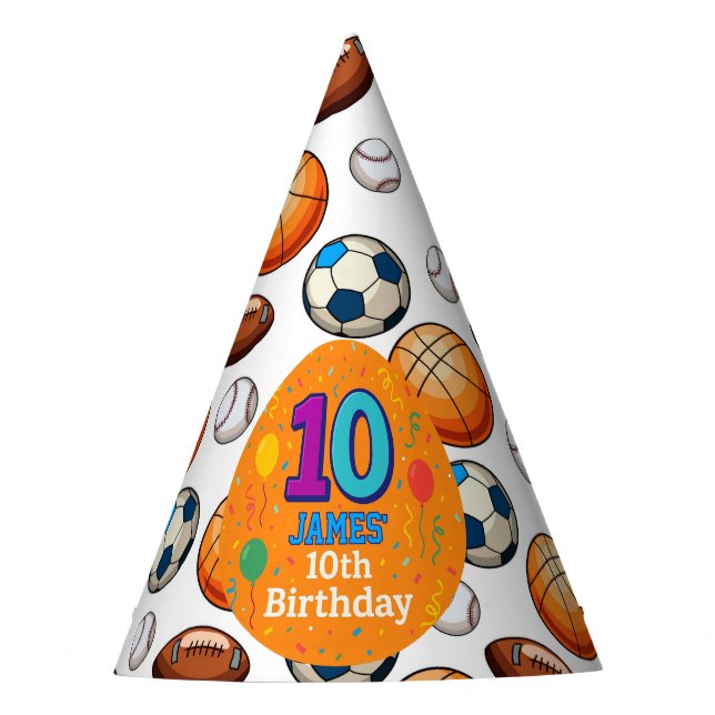 Personalised 10th Birthday Sports Theme  Party Hat (Front)
