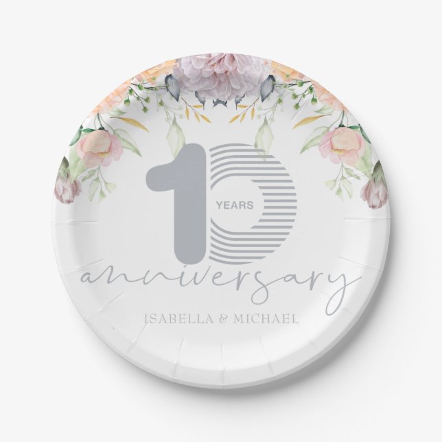 Personalised 10th Wedding Anniversary Floral Paper Plate (Front)